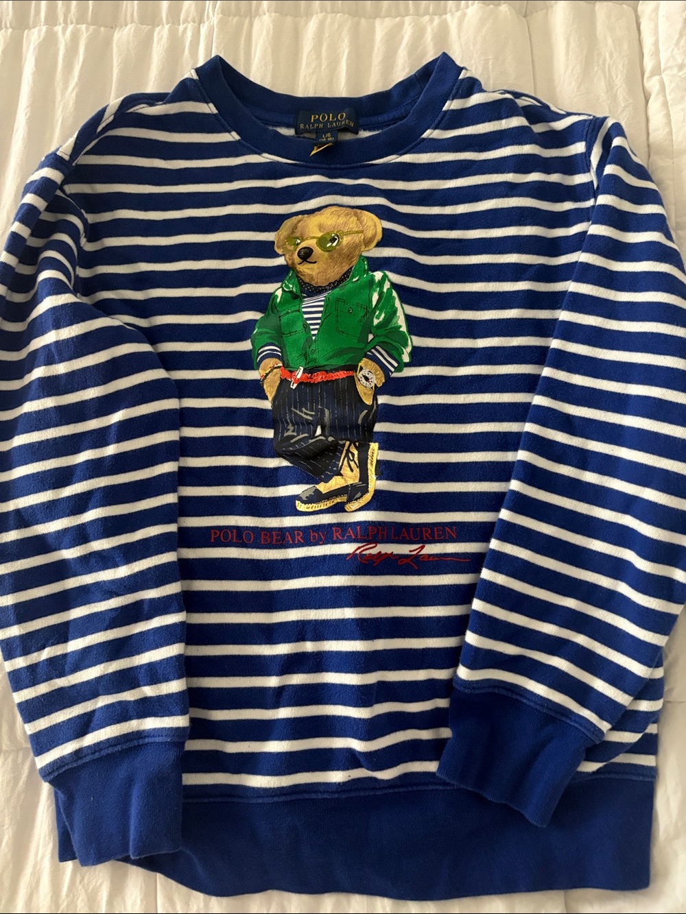 Polo by Ralph Lauren Men's Blue & White Striped Polo Bear Sweatshirt